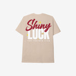 Shiny Luck Heather Tan Tee Slim Fit. Back Print.